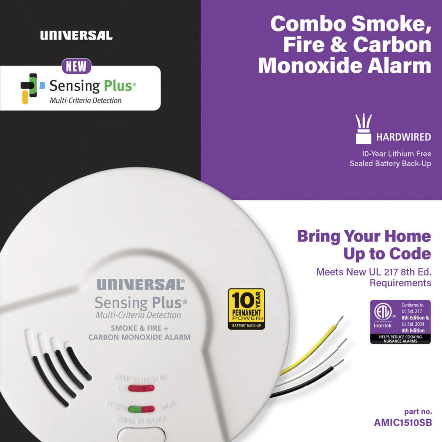 Sensing Plus® Multi-Criteria Hardwired Combo Smoke, Fire & Carbon Monoxide Alarm with 10-Year Battery Backup