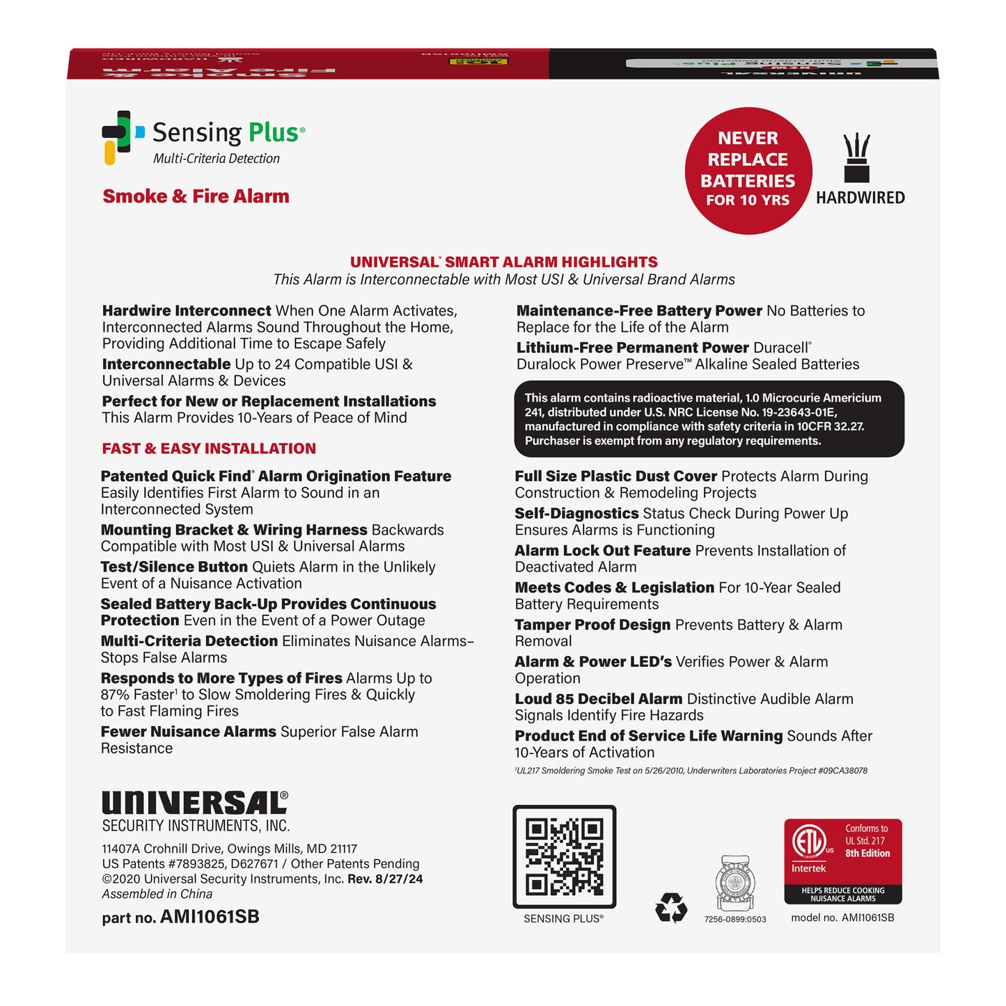 Sensing Plus Multi Criteria Hardwired Smoke & Fire Alarm With 10 Year Battery Backup