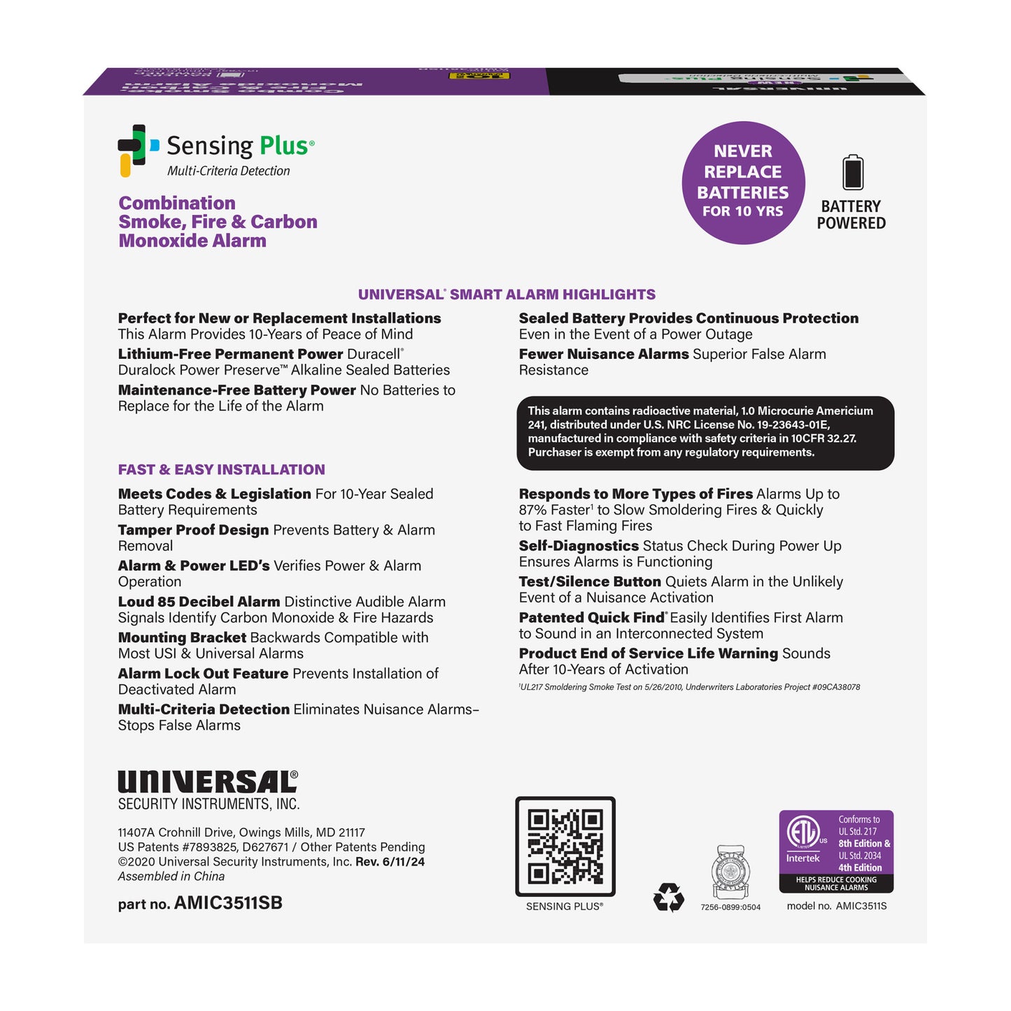 Sensing Plus® Multi-Criteria Hallway Combo Smoke, Fire, and Carbon Monoxide Alarm with 10-Year Battery