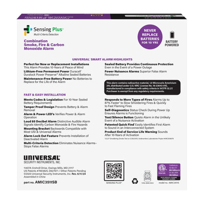 Sensing Plus® Multi-Criteria Hallway Combo Smoke, Fire, and Carbon Monoxide Alarm with 10-Year Battery