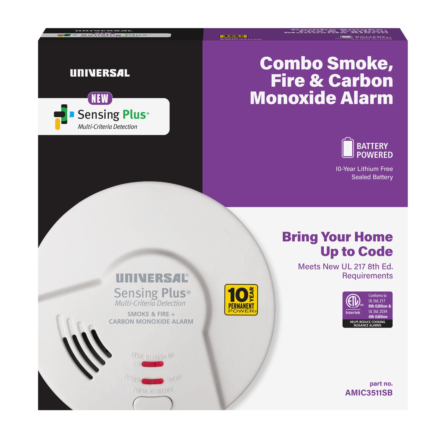 Sensing Plus® Multi-Criteria Hallway Combo Smoke, Fire, and Carbon Monoxide Alarm with 10-Year Battery
