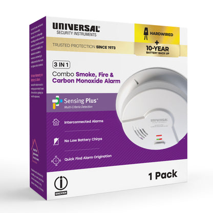 Hardwire Smoke, Fire, and Carbon Monoxide Alarm with 10-Year Battery Backup