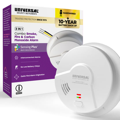 Hardwire Smoke, Fire, and Carbon Monoxide Alarm with 10-Year Battery Backup