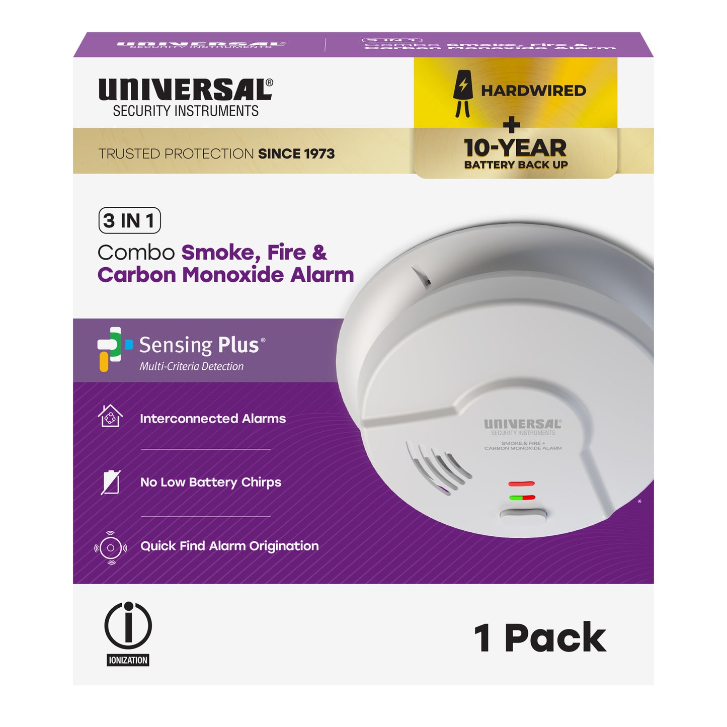 Hardwire Smoke, Fire, and Carbon Monoxide Alarm with 10-Year Battery Backup