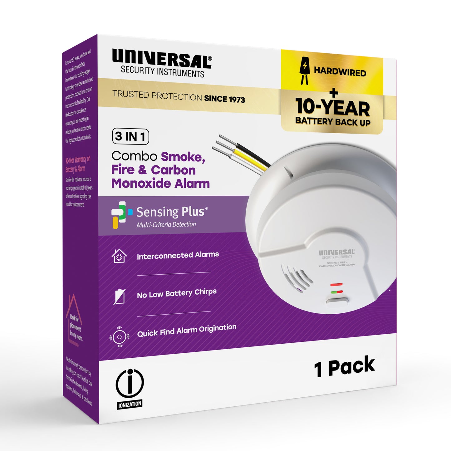 Hardwire Smoke, Fire, and Carbon Monoxide Alarm with 10-Year Battery Backup