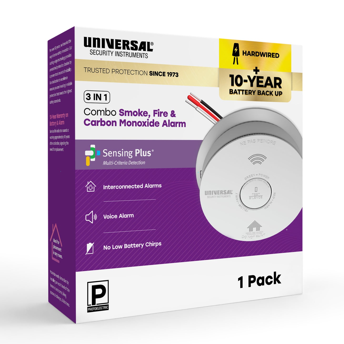 Hardwire Smoke, Fire, and Carbon Monoxide Alarm with 10-Year Battery Backup