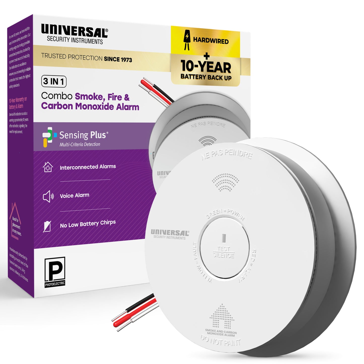 Hardwire Smoke, Fire, and Carbon Monoxide Alarm with 10-Year Battery Backup