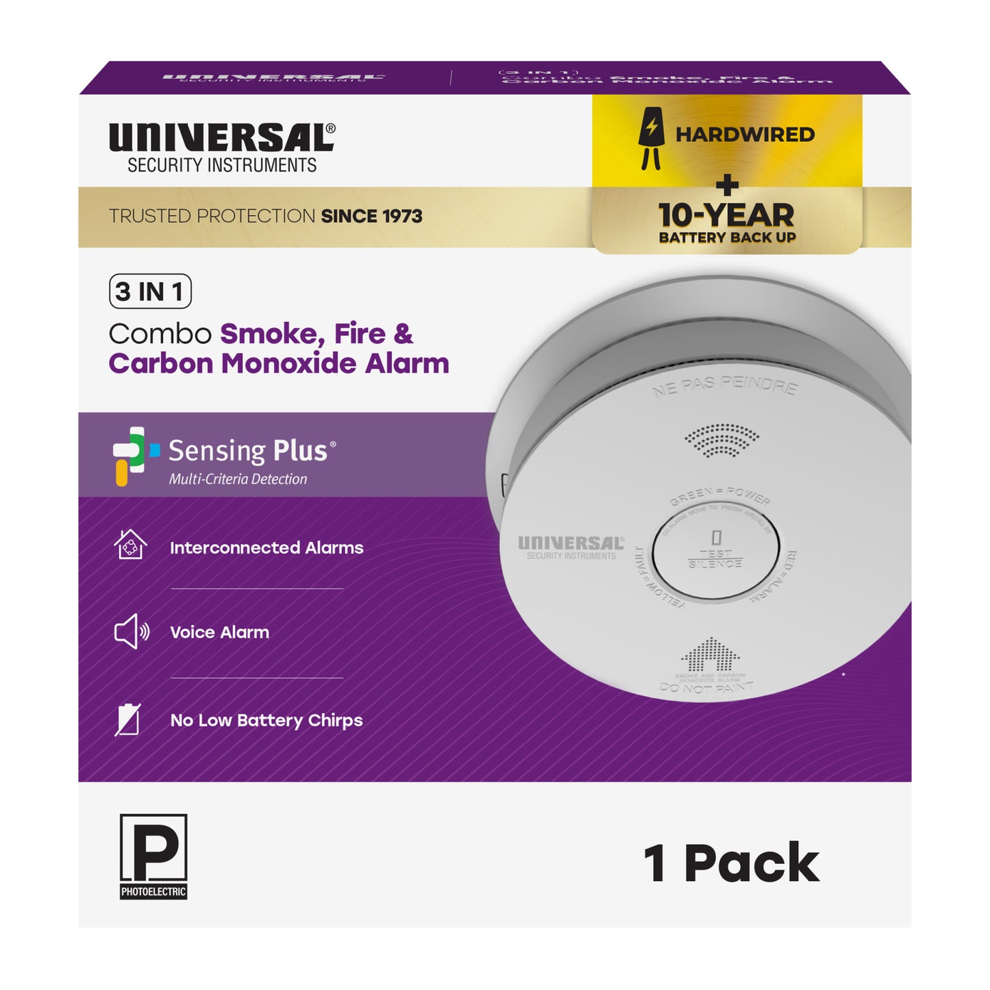 Hardwire Smoke, Fire, and Carbon Monoxide Alarm with 10-Year Battery Backup