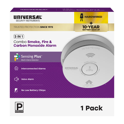 Hardwire Smoke, Fire, and Carbon Monoxide Alarm with 10-Year Battery Backup