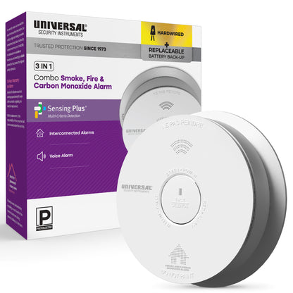Hardwire Smoke, Fire, and Carbon Monoxide Alarm with Battery Backup and Voice Alerts