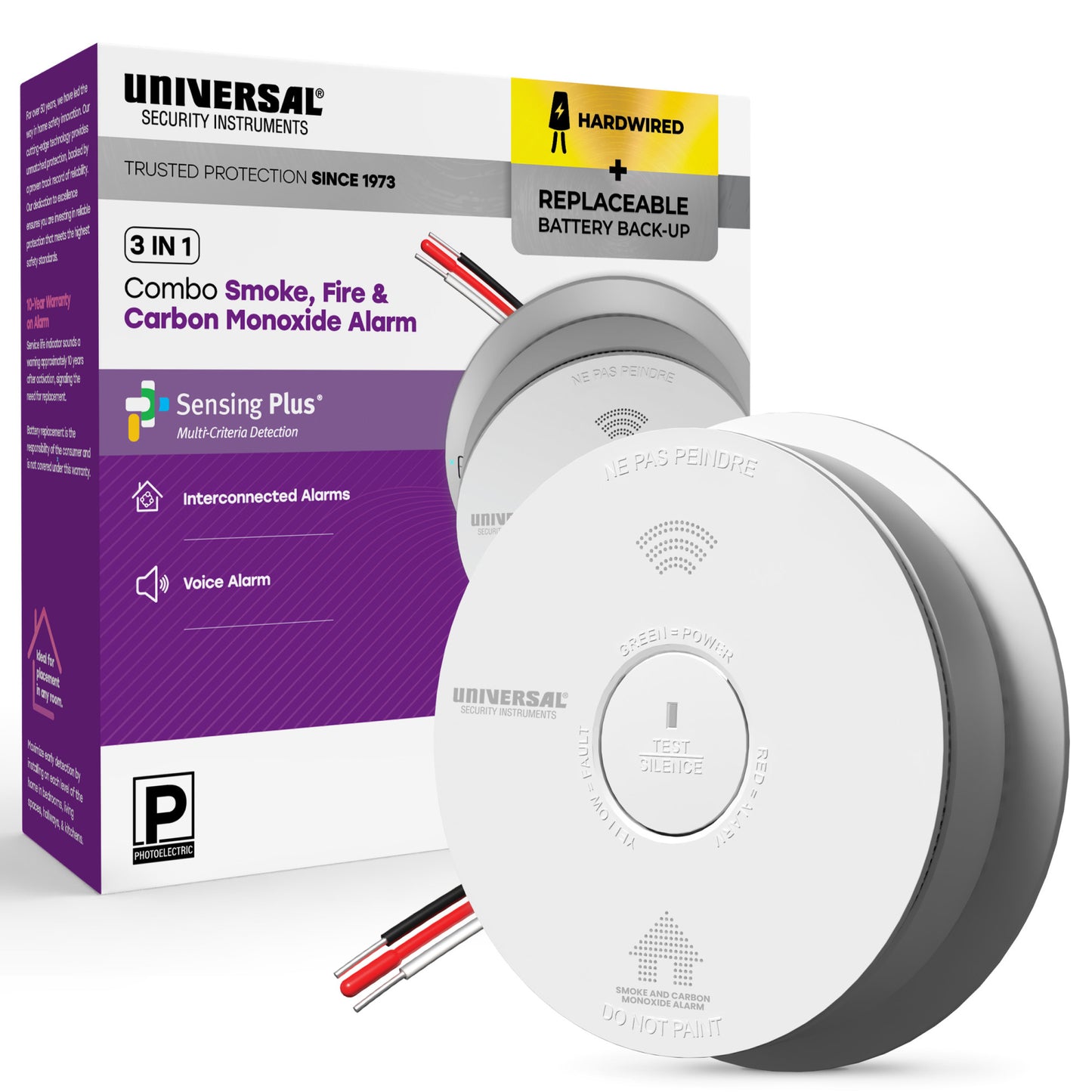Hardwire Smoke, Fire, and Carbon Monoxide Alarm with Battery Backup and Voice Alerts