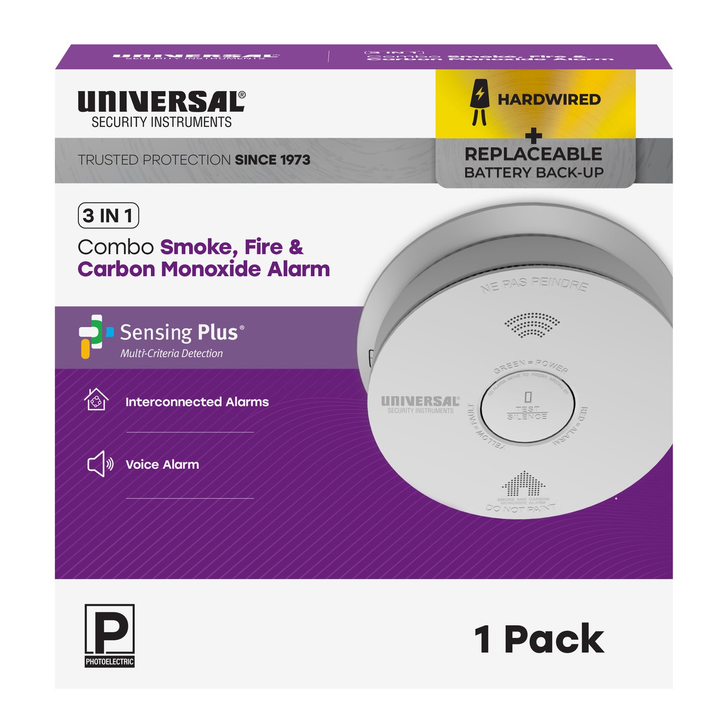 Hardwire Smoke, Fire, and Carbon Monoxide Alarm with Battery Backup and Voice Alerts