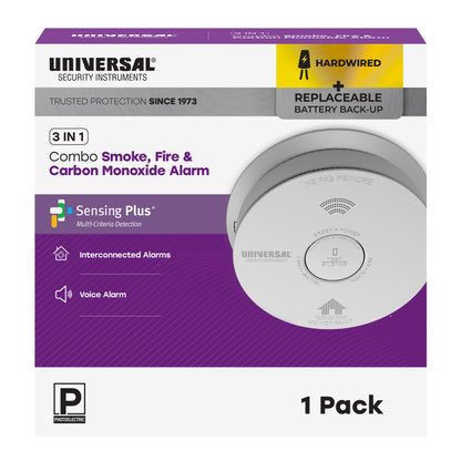 Hardwire Smoke, Fire, and Carbon Monoxide Alarm with Battery Backup and Voice Alerts