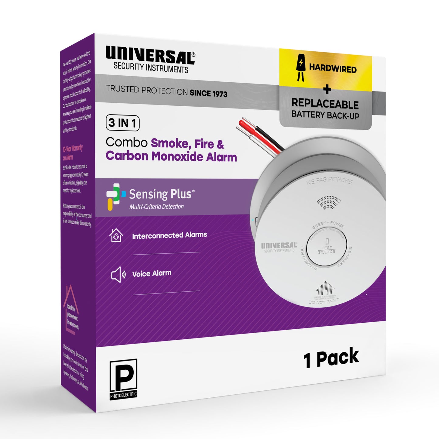Hardwire Smoke, Fire, and Carbon Monoxide Alarm with Battery Backup and Voice Alerts
