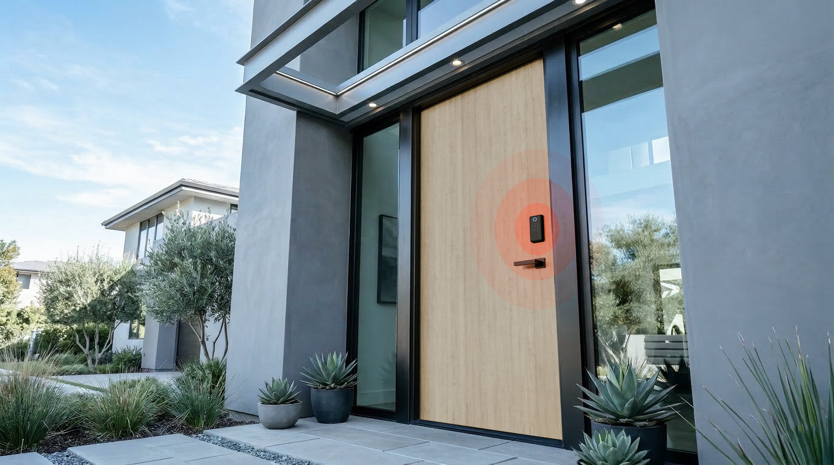 Modern house exterior with a wooden sliding door and security camera.
