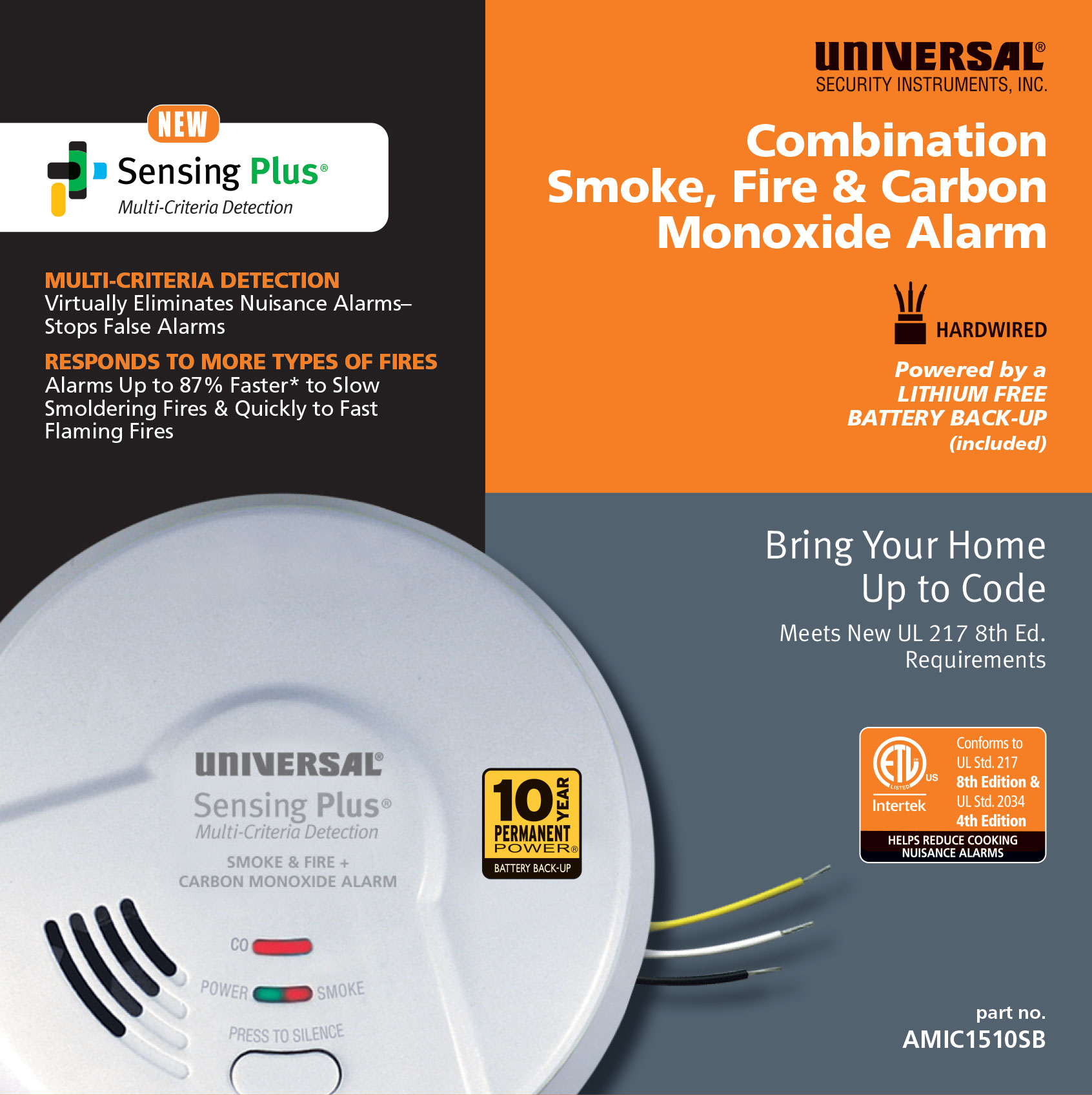 Sensing Plus AMIC1510SB Multi Criteria Hardwired Combo Smoke, Fire & Carbon Monoxide Alarm With 10 Year Battery Backup