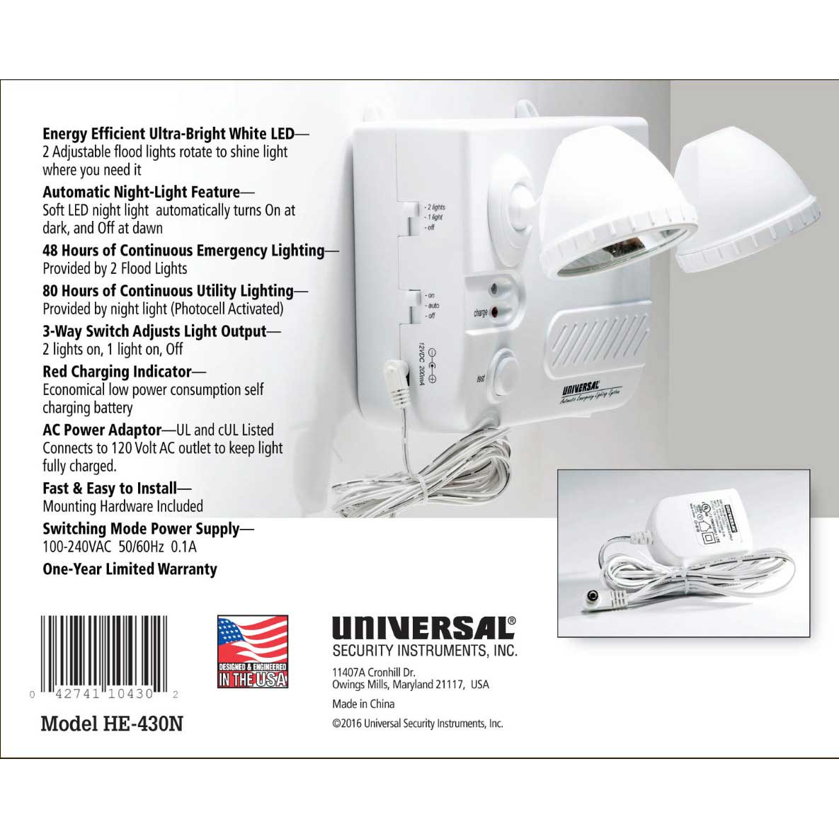 Universal Security Instruments HE-430N Automatic Emergency Lighting System