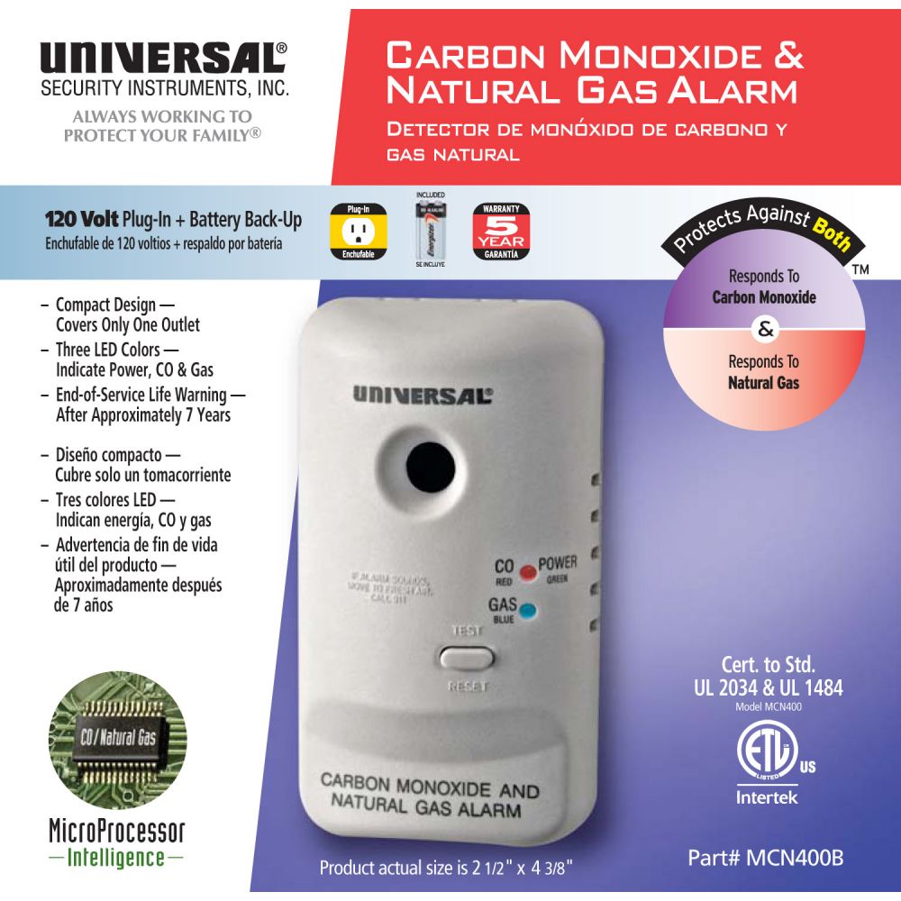 Universal Security Instruments MCN400CN Plug-In 2-in-1 Carbon Monoxide and Natural Gas Smart Alarm with Battery Backup (Canada)