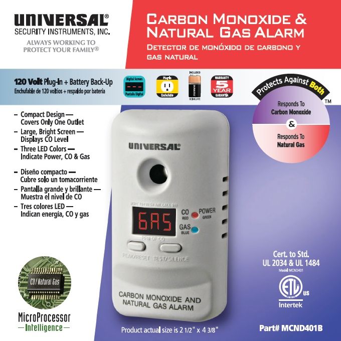 Universal Security Instruments MCND401 Plug-In 2-in-1 Carbon Monoxide and Natural Gas Smart Alarm with Battery Backup