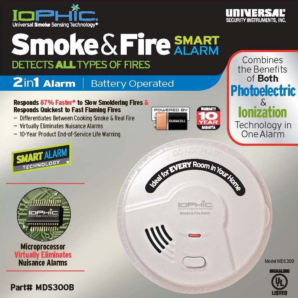 Universal Security Instruments MDS300 Universal Smoke Sensing Technology (IoPhic) Battery-Operated Smoke and Fire Alarm