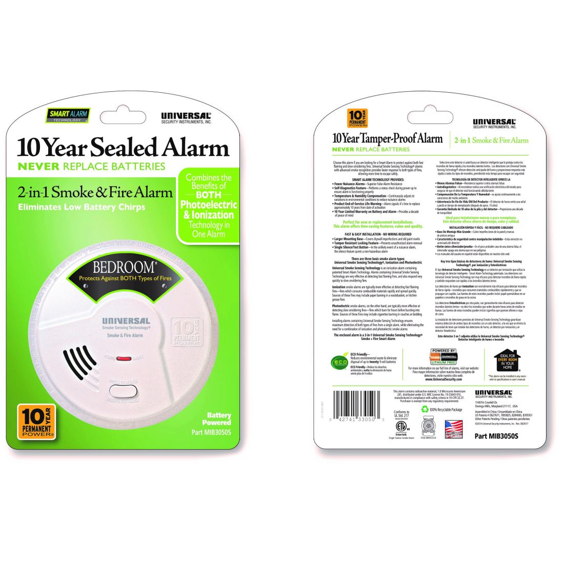 Universal Security Instruments MIB3050S 2-in-1 Bedroom Smoke and Fire Smart Alarm with 10 Year Sealed Battery
