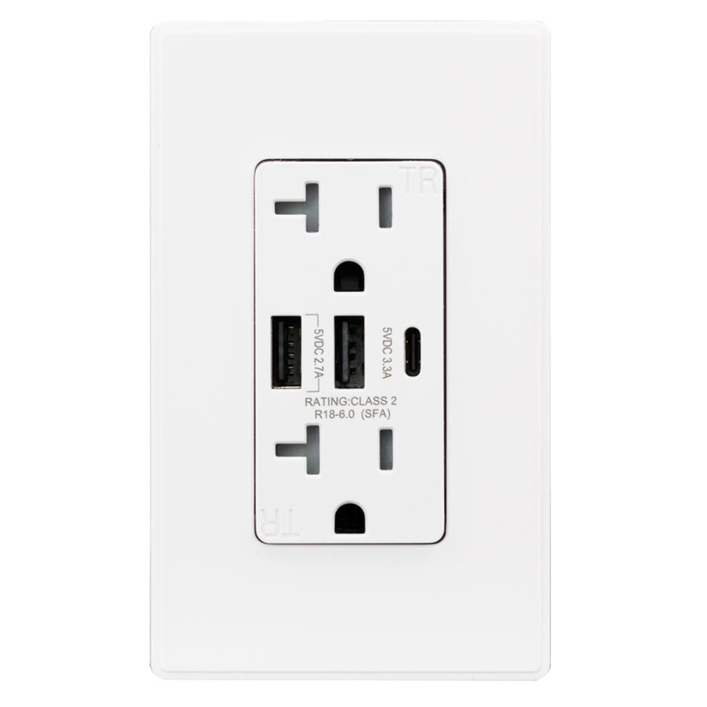 USI Electric A & C USB Chargers 20 Amp Tamper Resistant Duplex Receptacle Wall Outlet, White - USB2R3WH20CA